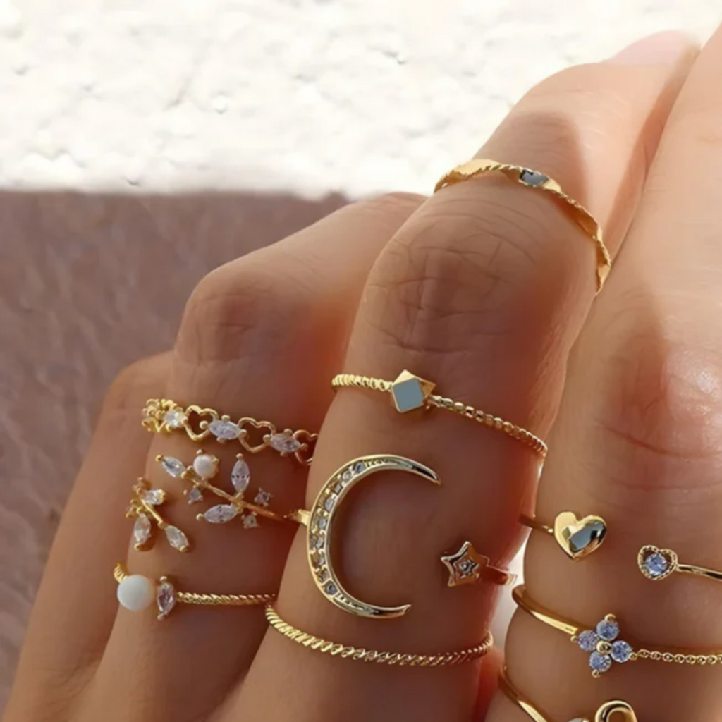 10-pak Boheme Ringe i Sølv og Guldbelægning