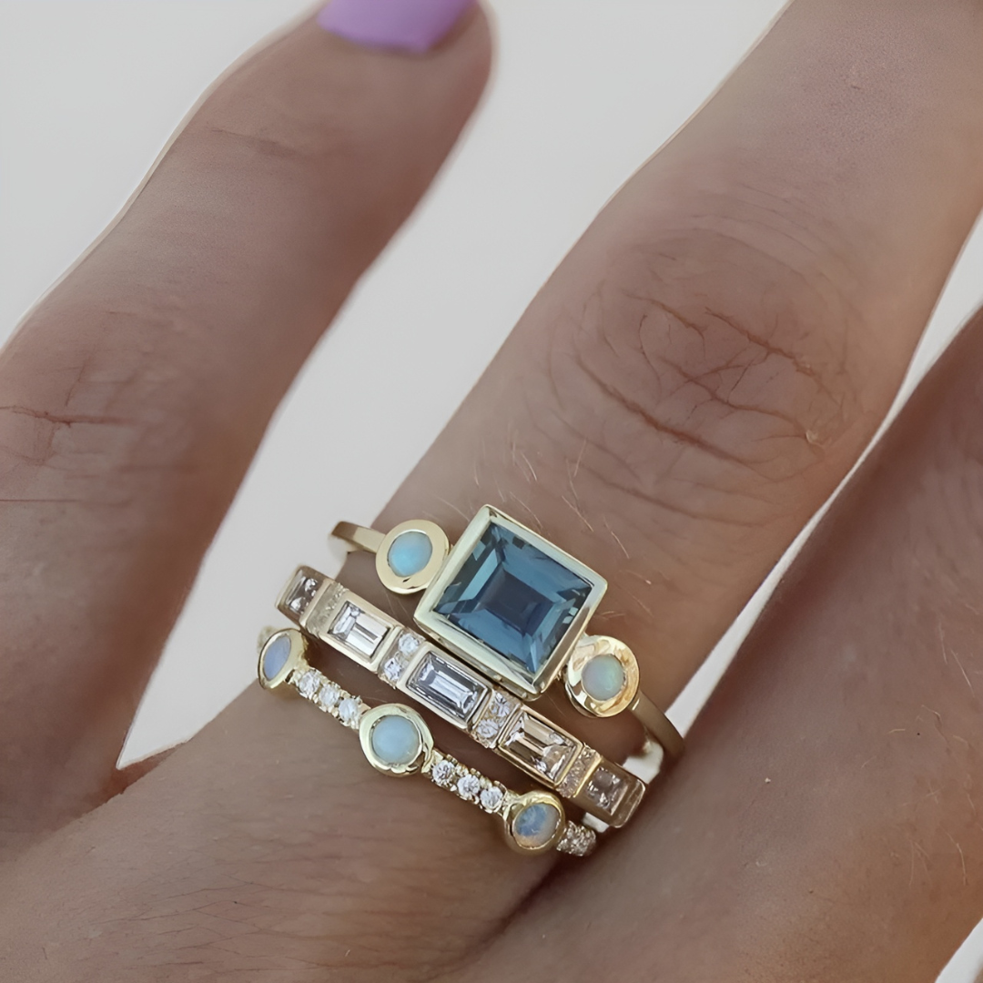 Vintage Ringsæt med Blå Krystal