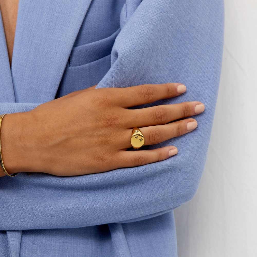 Star Rund Signet Ring 18K Guldbelagt