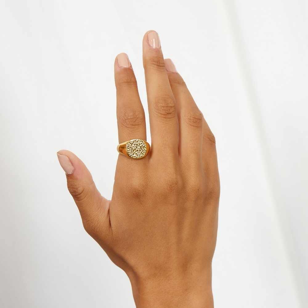 Hamret Rund Signet Ring 18k Guldbelagt