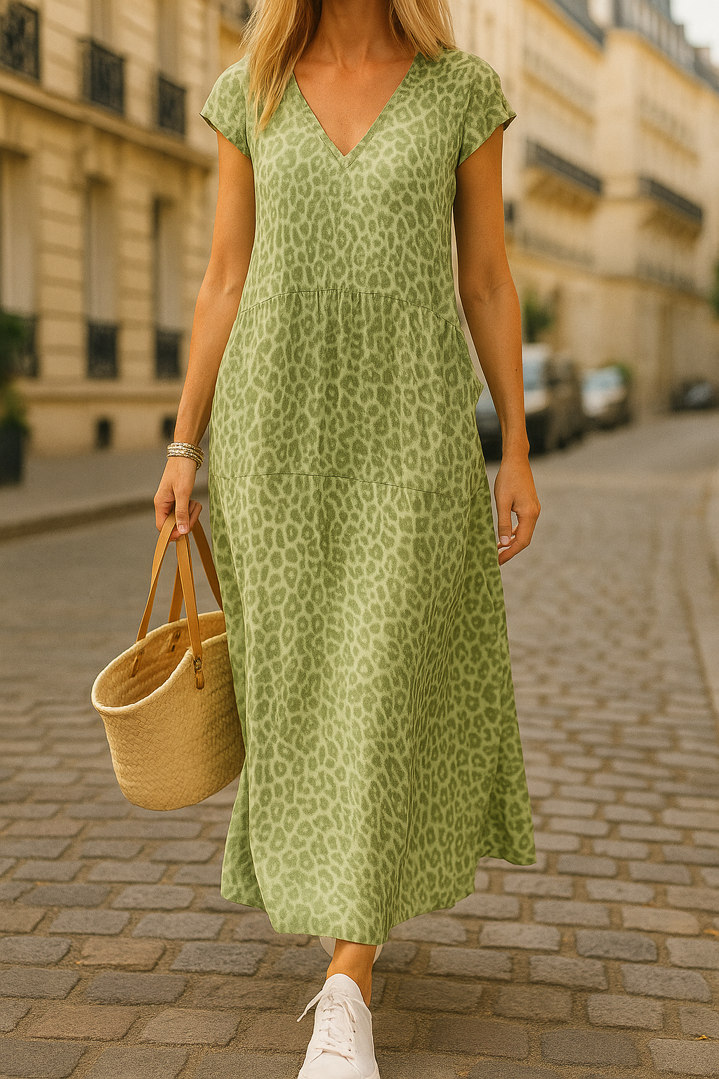 Sommer & Stil™ Lang leopard-sommerkjole med V-udskæring